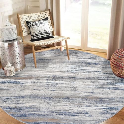 KOZYFLY Modern Abstract Circle Rug 3Ft, Washable Kitchen Round Rug Non-Slip Soft Small Bathroom Rug, Grey-Blue Striped Entryway Rugs Faux Wool Doormat for Bedside Entrance Bedroom Sink