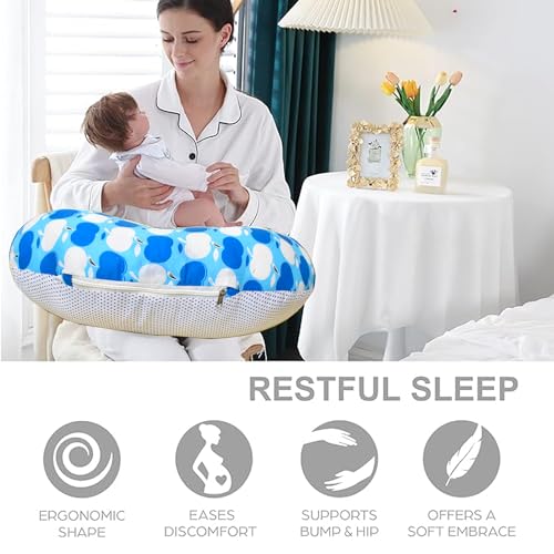 Image of VParents Multipurpose Baby Feeding Nursing Cum Maternity Pillow for New Born Cotton, Recommended for Maternity, Nursing, Medical Cheeky Cheeky (Blue) 110501
