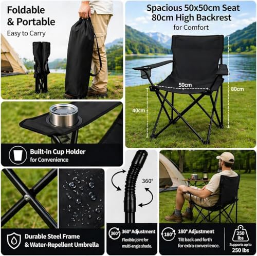 2 Pack Sillas de Camping Portátiles Plegables con Sombrilla Ajustable, Sillas Ligeras para Playa, Pesca, Eventos Deportivos y Césped (Negro) miniatura 4