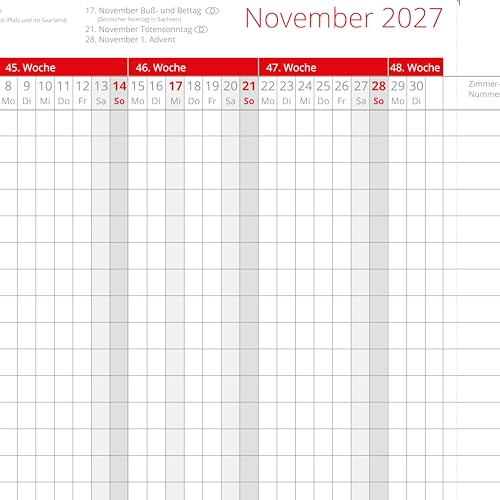 Zimmerbelegungskalender 2027 Zimmerbelegungsplan Belegungskalender 27 Ferienwohnung Belegungsplan für Vermieter Hotels und Pensionen mit Ferienterminen Deutschland und Österreich in Rot