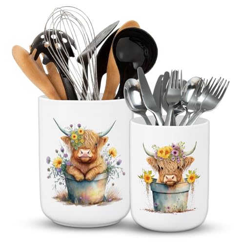 FYSUIMU Highland Cow Ceramic Utensil Holder Watercolor Cow Floral Utensil Crock for Farmhouse Home Kitchen Countertop Storage Organizer, Set of 2