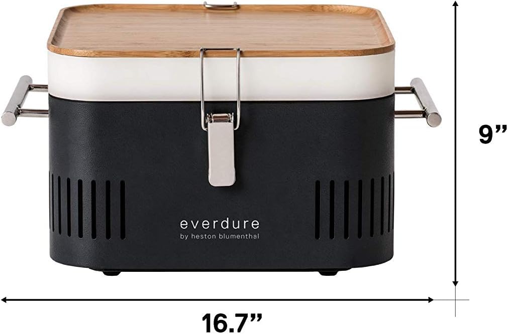 Everdure by Heston Blumenthal Cube Portable Charcoal BBQ Grill, Compact Travel Barbecue with Bamboo Tray, Chrome Rack - Image 3