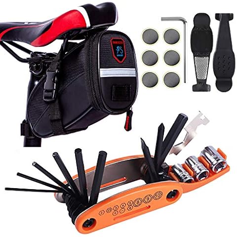 YBEKI Bike Repair Tool Kits - Bicycle Tool Set with Saddle Bag and Bicycle multi-tool Chain Tool (Orange Tool kits 16 in 1 + Bag) Cover