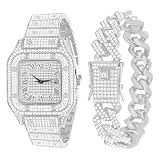 NEWITIN 2 Pieces Men Diamond Watch Bracelet Set Luxury Fashion Crystal Wristwatch Cuban Link Chain Silver Rhinestone Watch Hip Hop Jewelry for Men