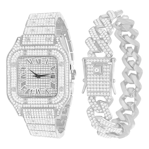NEWITIN 2 Pieces Men Diamond Watch Bracelet Set Luxury Fashion Crystal Wristwatch Cuban Link Chain Silver Rhinestone Watch Hip Hop Jewelry for Men