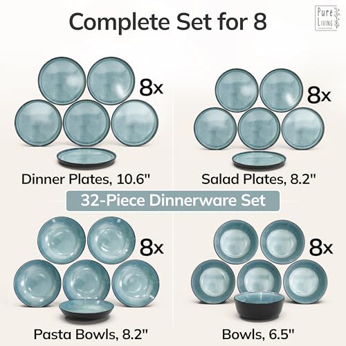 Image of 32 Piece Stoneware Dinnerware Set for 8 - Handmade Reactive Glaze Plates and Bowls Set - Chip & Scratch Resistant Dish Set - Dishwasher Microwave Safe - Dark Petrol Blue