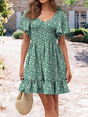 Womens Cute Floral Smocked V Neck Flutter Sleeve Sundress with Pockets Casual Spring Summer Dresses for Women 20252