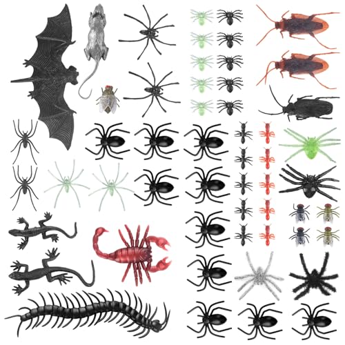AYNKH 54Pcs Halloween Insectes en Plastique, Jouets Farceurs, Araignées en Plastique, Fausses Araignées, Faux Chauves-Souris, Mille-Pattes, Cafards, Rats, pour les Décorations d'Halloween