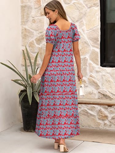 Image of ANRABESS Women's Boho Maxi Dresses 2025 Summer Casual Floral Puff Short Sleeve Tie Front Flowy Swing Tiered Long Beach Dress
