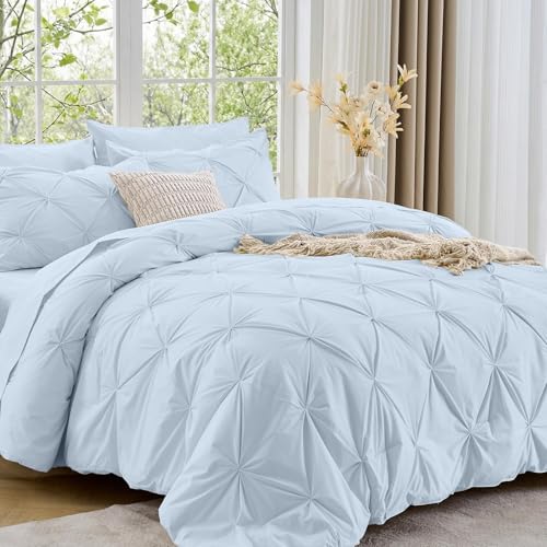 Image of Sasttie King Size Comforter Set, 7-Piece Bed in a Bag, Pintuck Bedding Sets for All Season, Includes Comforter, Flat Sheet, Fitted Sheet, Pillowcases and Pillowshams, Light Blue