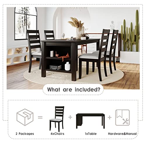 Zsedp Kitchen 5 Piece Dining Table Farmhouse Wood W/2 Tier Storage Racks 4 Person Kitchen Set W/Upholstered Dining Chair #TOP2