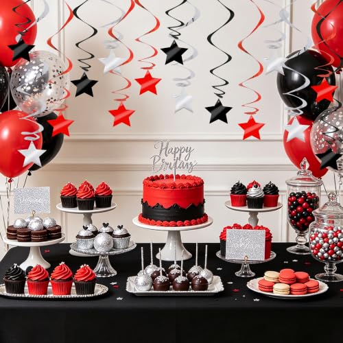 Image of BEISHID Black Red Silver Stars Hanging Swirls Pre-Strung Stars Hanging Decorations for Wedding Baby Shower Birthday Graduation Decorations Supplies,Pack of 15