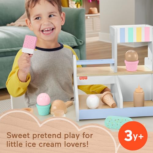 Image of Fisher-Price Preschool Toy Wooden Ice Cream Shop Playset, 18 Wood Pieces for Pretend Play Ages 3+ Years