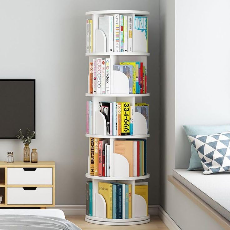 Image of AESTHETIC DECOR Wooden Rotating 360 Degree Preassembled Bookshelf Tower Open Rack Organiser Space-Saving 5 Tier Corner Stand for Home Library Kids Room White Ready to Use Multipurpose