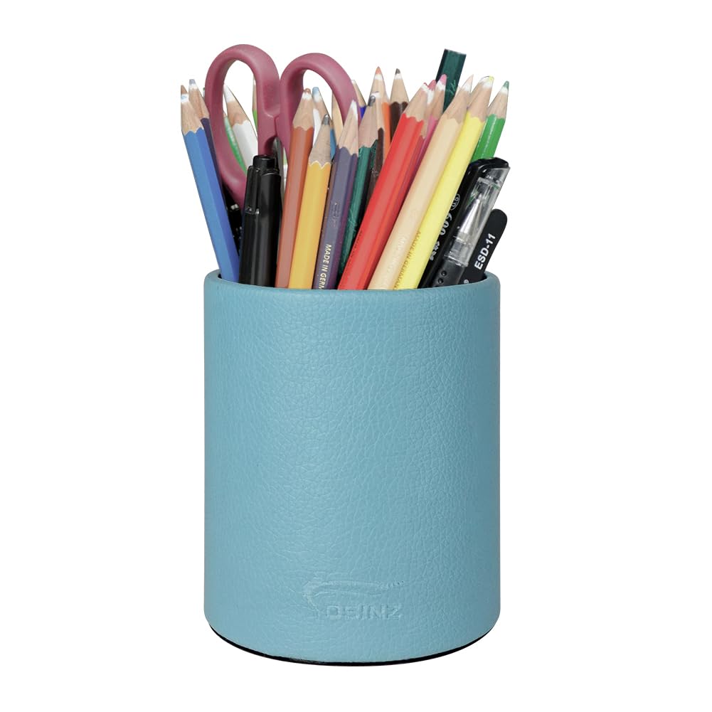 Fosinz PU Leather Pen Holder Round Pencil Holder Pen Pot Pen Cup Makeup Brushes Holder Stand Display Desk Stationery Organiser for Home Office School(Blue)