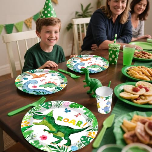 Image of 356Pcs cocomigo Dinosaur Birthday Decorations Tableware Set, 50 Serves