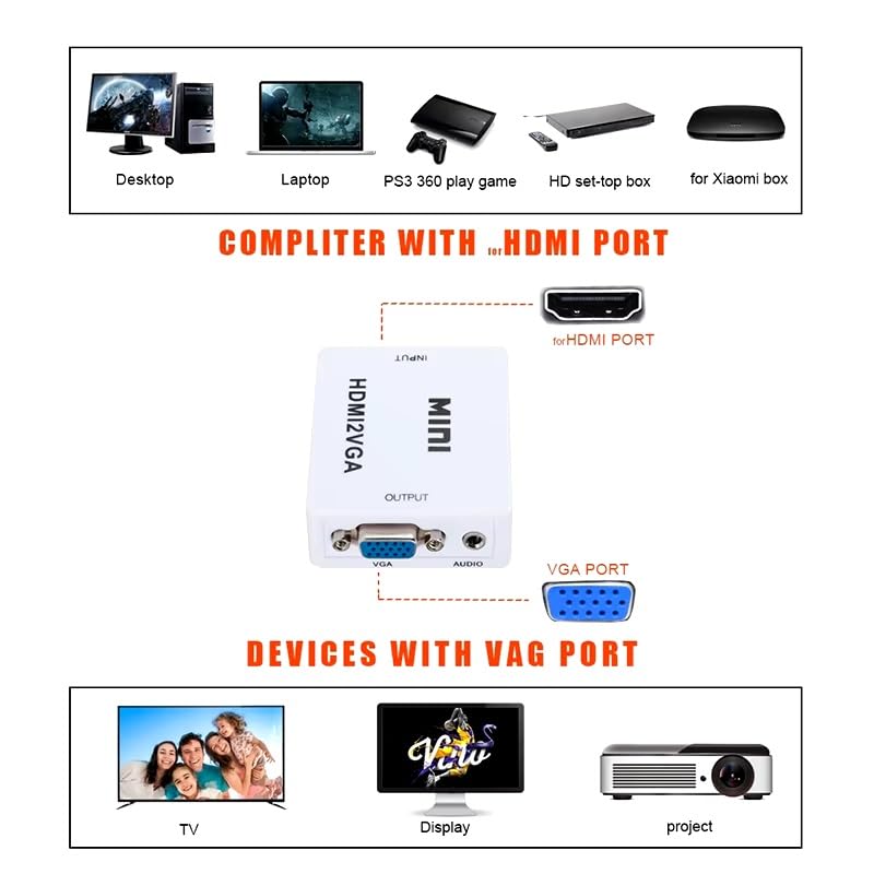 Image of Mini HDMI to VGA HDMI2VGA Adapter Full HD1080P HDMI to VGA Audio HD HDTV Video for PC Laptop Converter (HDMI to VGA)