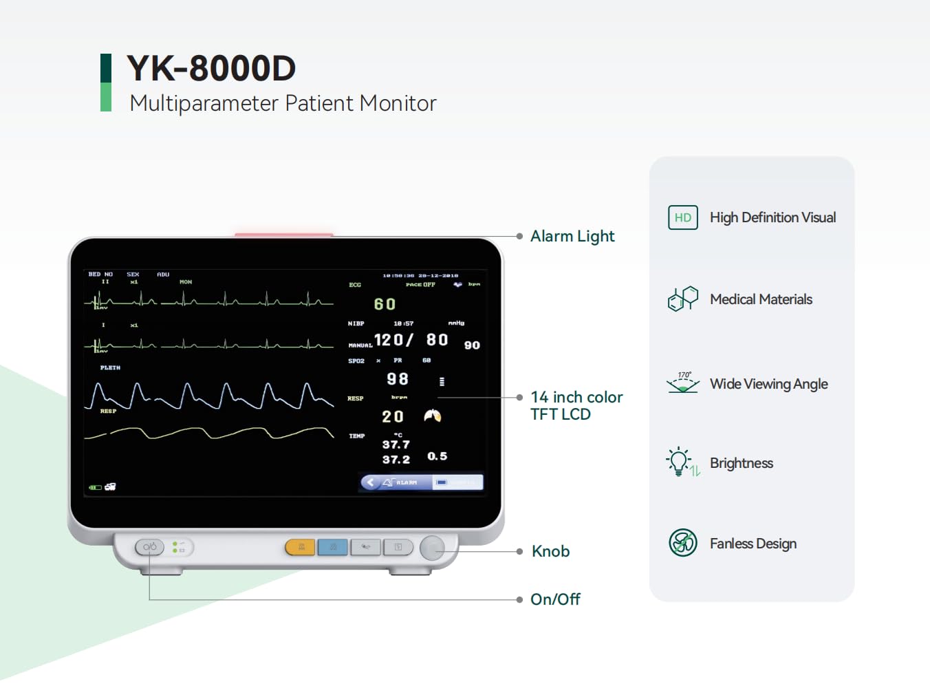 TenTabs Yonker Multipara Patient Monitor YK-8000D with Adult Probe | 5 para Patient Monitor | ICU Vital Signs Monitor for Adult | TFT Display | Hospital Clinic (1 Yr Warranty) 1