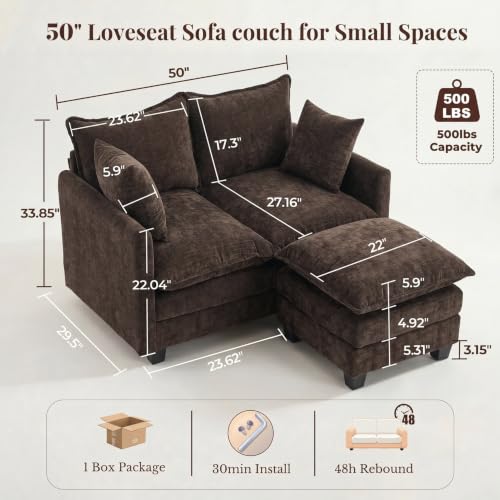 Image of KYJ Cloud Loveseat Sofa Couch with Ottoman 3 Layer Cushion for Small Spaces | 50 inch Chenille Small Sofa, 27 inch Deep Seat, 2 Washable Pillow, in a Box for Bedroom & Living room, Singles, Couple & Kid, Brown