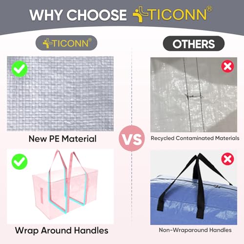 Image of TICONN 6 Pack Extra Large Moving Bags Heavy Duty with Zippers & Carrying Handles, Durable Storage Bags Moving Boxes for Closet Organizers and Storage (6 Pack, Coral)