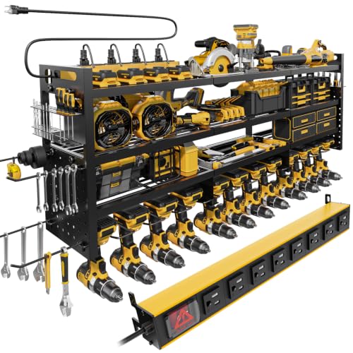 STURDIFLOW Power Tool Organizer Wall Mount | 8-Outlet TR Charging Station | Garage Storage Rack with Cordless Drill Holder | Heavy Duty Metal Shelf for Workshop Organization