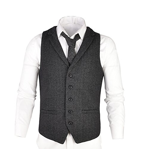 VOBOOM Mens Herringbone Tailored Collar Waistcoat Fullback Wool Tweed Suit Vest3