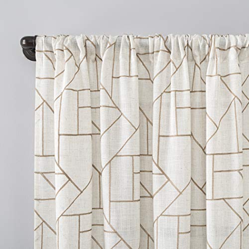 Archaeo Fragmented Geometric Embroidery Mid-Century Modern Natural Linen Blend Curtain, 50" x 108", Mocha/Linen - Image 2