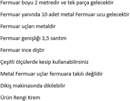 Kesme Fermuar Çanta Cep Cüzdan Eşofman Hurç Yastık Yorgan Tek Boy Fermuar 2 Metre Ve 10 Adet Fermuar Metal Uç Krem Renk