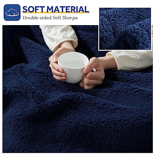 Sealy Electric Blanket Heated Throw 50"x60" Soft Double Sherpa Super Cozy with 6 Fast Heating Levels & 2-10 Hours Auto-Off, Over-Heat Protection, Machine Washable, Navy Blue