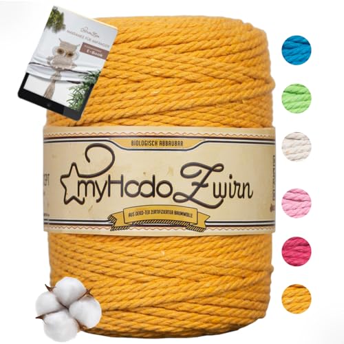 Hilo de Macramé Premium 3mm Amarillo myHodo – 100% Algodón Ecológico Oeko-Tex - Embalaje Sin Plástico – Incluye Libro Electrónico de Instrucciones – Ideal para Colgar en la Pared (100m)