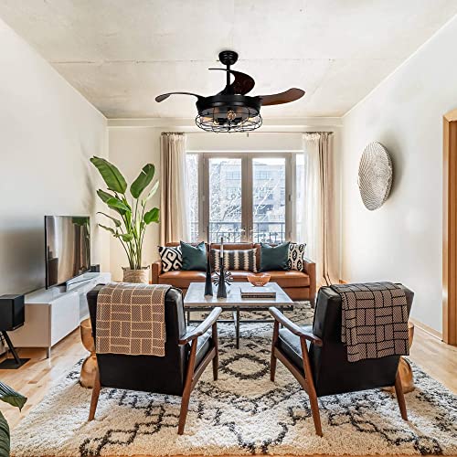 Parrot Uncle Ceiling Fans With Lights And Remote Farmhouse Black Ceiling Fan With Light Retractable Blades, 46 Inch #TOP6