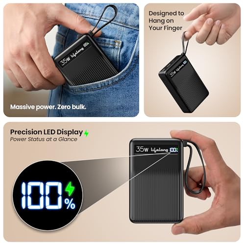 Image of Lifelong Electronics 20000mAH 35W Fast Charging Small Pocket Size Power Bank | Built-in 35W (1.5X Faster) Type-C Cable & Port | Flight Friendly | USB-A (30 W) Output Powerbank for iPhone, Android, Mac