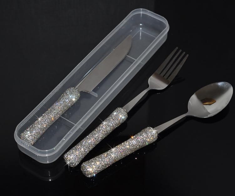 Miniatura 6 de Juego de utensilios culinarios deslumbrantes con diamantes de imitación brillantes para oficina, almuerzo y viajes (3, plateado)