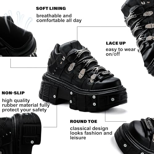 Women's Platform Biker Boots - Gothic Square Toe, Lace-Up Motorcycle Combat Booties with Metal Accents, Waterproof Synthetic Leather, Non-Slip Sole, 3.54-Inch Heel2