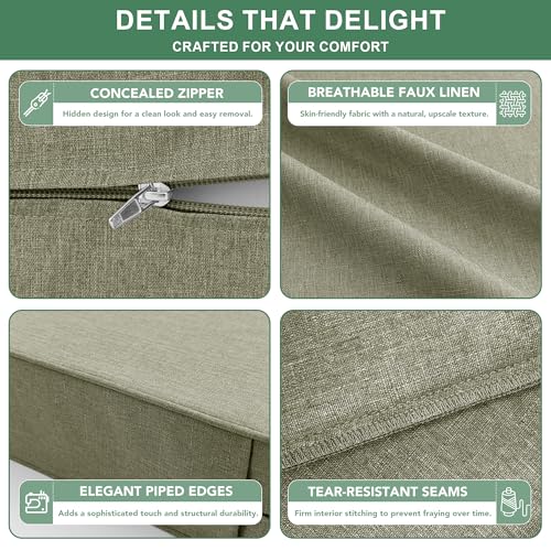 Image of Summsun Water Resistant Outdoor Chair Cushions, Faux Linen Backrest and Seat Cushion Set with Ties, Removable Cover, Non-Slip Bottom for Patio Furniture, 19 x 19 Inch, Mocca Green, Set of 4