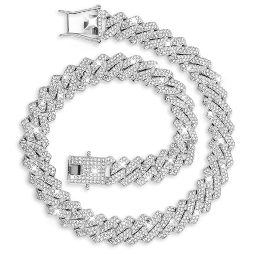 Prasacco Cuban Link Chain for Men Women - Silver, 16' Iced Out Diamond Hip Hop Jewelry