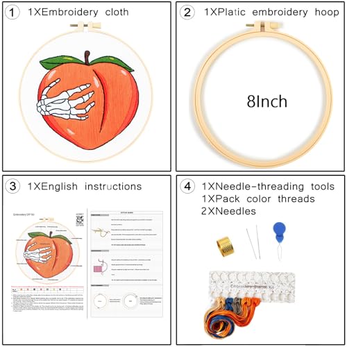 Image of Hand Bone Embroidery Kits for Beginners Adults, Peach Embroidery Starters Kits, Halloween Stamped Cross Stitch Kits DIY Needlepoint Kits for Beginners Adult, Embroidery Hoop, Thread and Video Tutorial