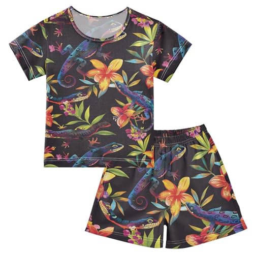 ALAZA Lizard Leaf Blossom Pajamas Short Sleeve 2 Piece Sleepwear Top and Bottom Pajama Set Unisex