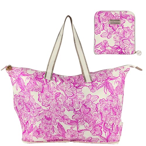 Lilly Pulitzer Large Packable Tote, Reusable Grocery Bag that Packs Into Itself, Tote with Shoulder Strap and Zipper (Unforgettable Pink)