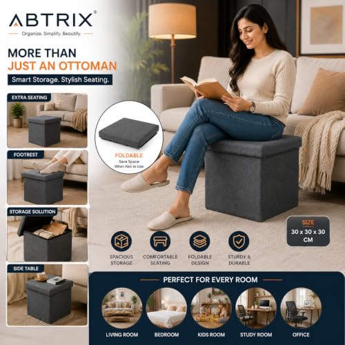 Image of ABTRIX WITH AB Comfy Cube Ottoman Stool, Stylish Multipurpose Footrest & Seating Pouffe for Living Room & Bedroom, 22L Capacity, Padded (30X30X30 cm, Grey)