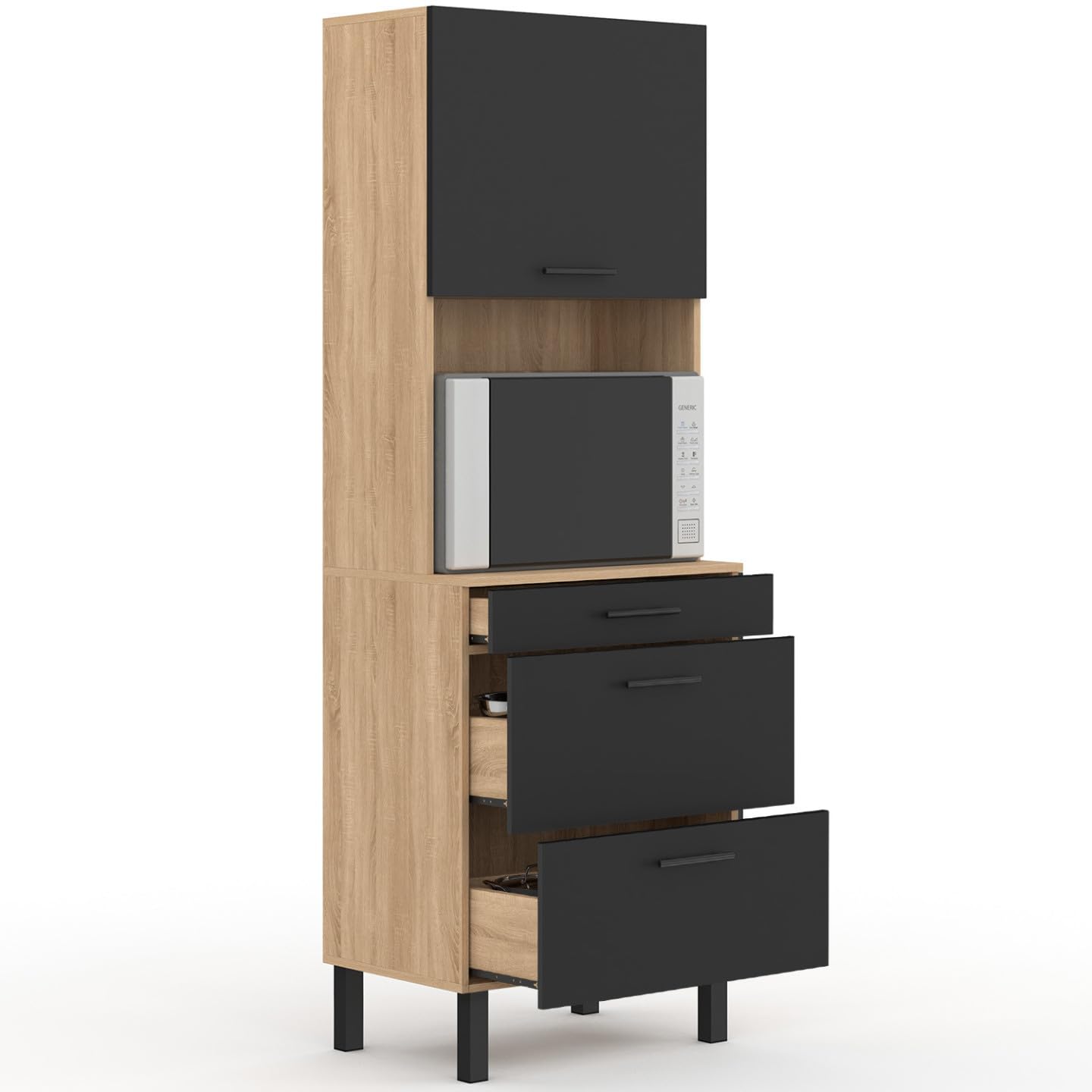 IDMarket - Colonne de Cuisine Micro-Ondes et casserolier 60 cm CINA 2 Portes façon hêtre et Noir