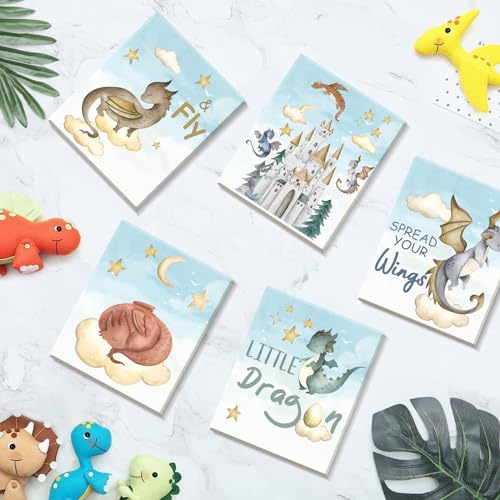 Image of CHDITB Dinosaur Canvas Wall Art Nursery Wall Decor, Set of 6(8x10 inch) Cute Dream Dinosaur Cub Framed Art Prints, Baby Dinosaurs Cartoon Castle Animals Poster For Children's Boy Kids Room Bedroom