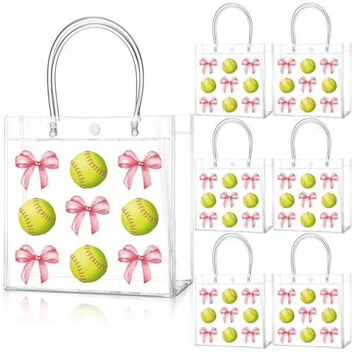 Image of Teenyyou 24 Pcs Softball Clear Gift Bag with Handles Plastic Soft Ball Goodie Sport Theme Party Favor Team Treat Bag with Pink Bow for Birthday Team Snack, 8 x 8 x 3.15 Inches