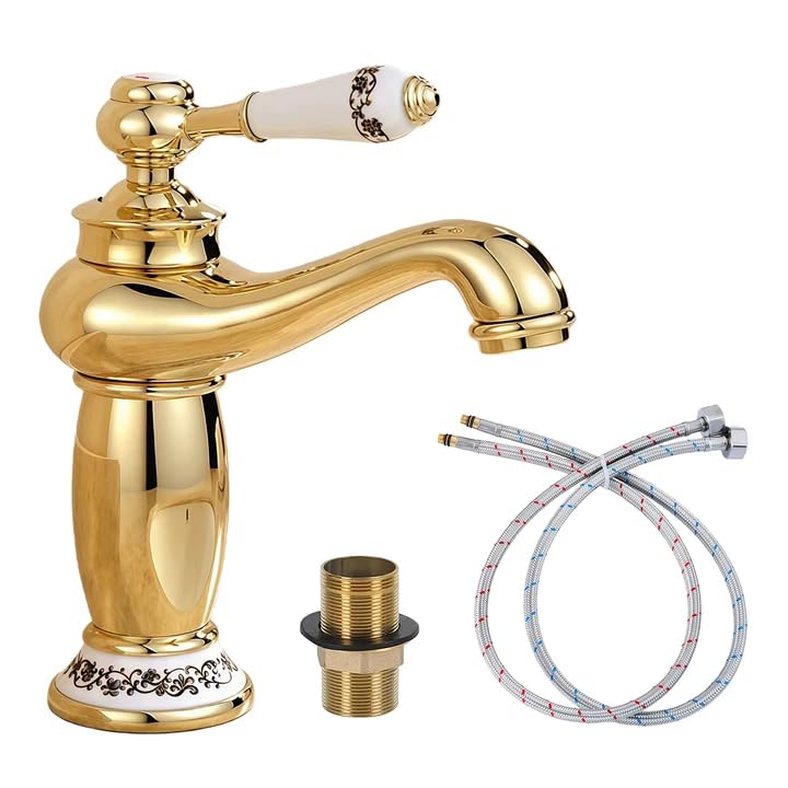 Luxury Victorian Basin Mixer with Retro Ceramic Lever,Medium Monobloc Bathroom Sink Mixer Tap,Hot and Cold Classic Faucet,Brass Construction, Insert Basin Faucet for Cloakroom (Gold)