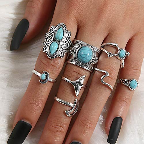 Eollan Boho Silver Rings Set Turquoise Joint Knuckle Ring Stylish Midi Knuckle Rings Set Fishtail Cute Stackable Rings Jewelry for Women and Girls?8PCS?