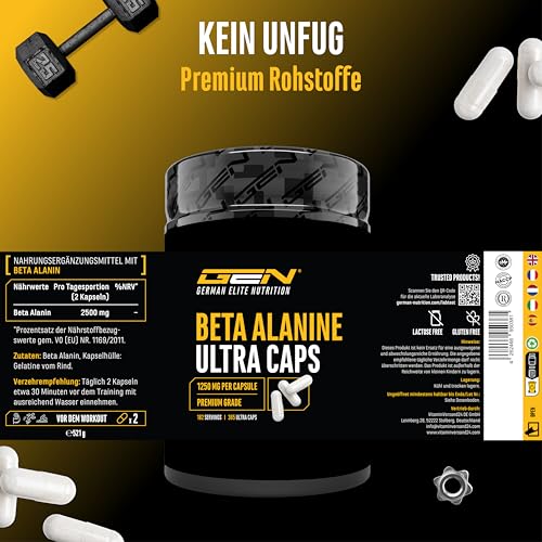 Beta Alanin Ultra Caps - 365 Kapseln - Hochdosiert mit 1250 mg je Kapsel - Beta Alanin Aminosäure mit 99% Reinheit - Ohne unerwünschte Zusätze