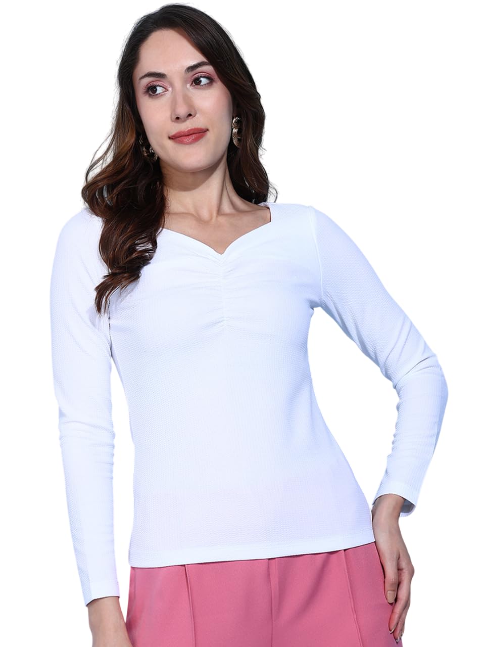 saffe Women's Casual Top Body Fited Textured Full Sleeve Sweatheart Neck_White-picture-20