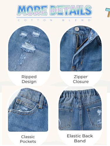 Image of Girls Shorts Elastic Waist Jorts Denim Jean Shorts Ripped Knee Length Bermuda Shorts for Kids Teen Girls Summer