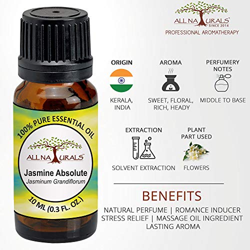 Image of All Naturals Jasmine Absolute Essential Oil (Kerala) 100% Pure, Lasting Sweet Aroma for Natural Perfumes, Massage Oils, Attars, DIY Skincare & Diffusers - 10 mL | n-Hexane Extracted, Alcohol-free