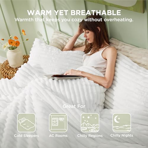 Image of Bedsure King Fluffy Comforter Set - GentleSoft 3 Pieces Luxury Fleece Bright White Bedding, Cozy Room Decor Aesthetic, 1 King Bed Comforter (104 inchx90 inch) and 2 Pillowcases (20 inchx36 inch)